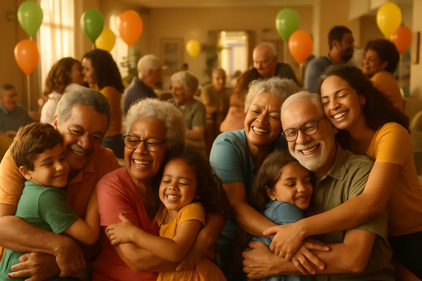 Famílias visitando os avós numa casa de repouso cheia